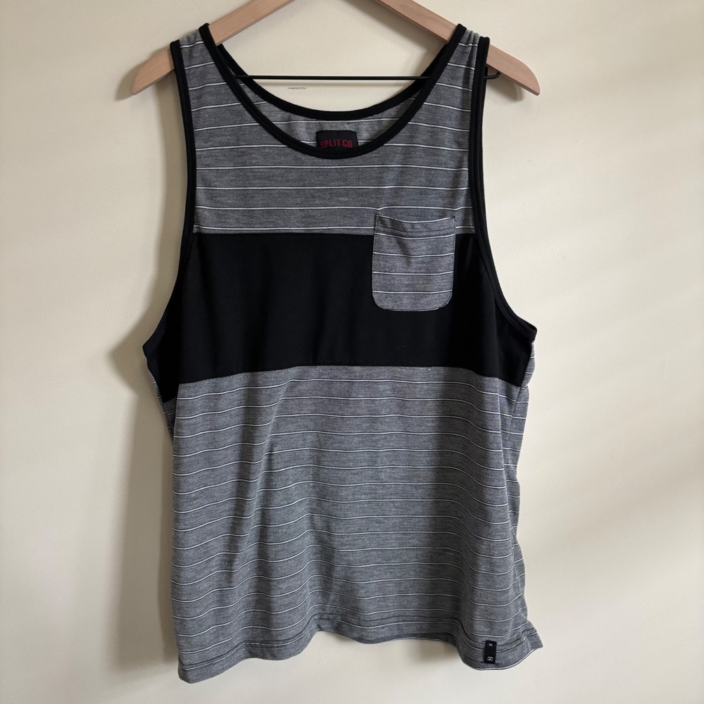 Split Co Mens XL Tank Top Gray Black Striped Pocket Sleeveless Shirt